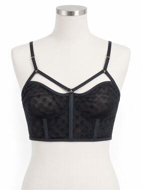Venus Black Sheer Polka-Dot Longline Bralette with Strappy Detail